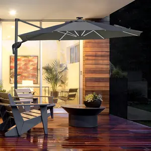 Buy Outsunny 3m Cantilever Roma Parasol Adjustable Garden Sun Umbrella with LED Solar Light, Aluminum Frame, Tilt & Crank, UV50+, Dark Grey