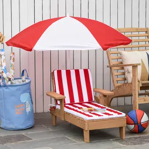 Buy Outsunny Chaise Lounge Chair Wooden for Kids Lightweight with Foldable & Height Adjustable Parasol Cushion Outdoor Patio Beach Pool Camping Ceder Wood