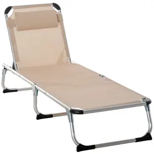 Buy Foldable Outdoor Sun Lounger, Reclining Lounge Chair Camping Bed Cot with Pillow 4-Level Adjustable Back Aluminium Frame, Khaki