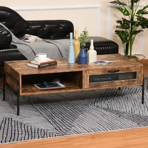 Buy HOMCOM Industrial Coffee Table with Drawer and Open Storage Compartment, Metal Legs, for Living Room, Rustic Brown