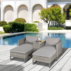 Buy Outsunny 2 Seater Patio Rattan Wicker Sofa Set Chaise Lounge Double Sofa Bed Furniture w/ Coffee Table & Footstool for Patios, Garden, Backyard, Grey