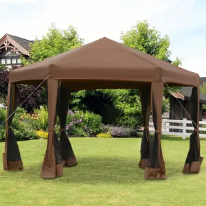 Buy Outsunny 3.2m Pop Up Gazebo Hexagonal Canopy Tent Outdoor Sun Protection with Mesh Sidewalls, Handy Bag, Brown
