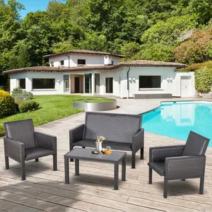 Buy Outsunny 4-Seater Aluminum PE Rattan Wicker Sofa Set Outdoor Conservatory Furniture Lawn Patio Coffee Table, Deep Grey
