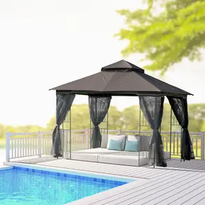 Buy Outsunny Gazebo Garden Outdoor Canopy Double Tier Roof with Removable Mesh Curtains Display Shelves Top Hooks-Coffee