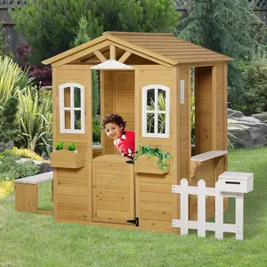Buy Outsunny Wooden Playhouse for Outdoor with Door Windows Mailbox Flower Pot Holder Serving Station Bench for Kids Children Toddlers Natural