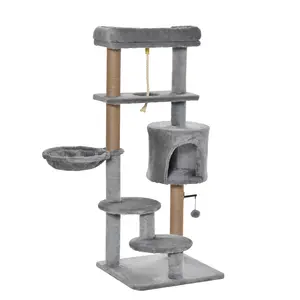 Buy Cat Tree Tower for Indoor Cats 120cm Climbing Kitten Activity Center with Jute Scratching Post Perch Hanging Ball Hammock Teasing Rope Condo Toy Light Grey