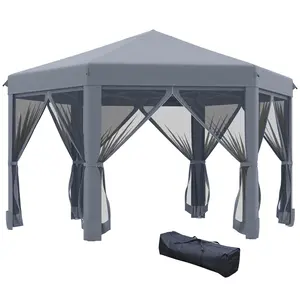 Buy 3.8m x 3.2m Pop Up Gazebo Hexagonal Canopy Tent Outdoor Sun Protection with 6 Mesh Sidewalls, Hand Bag, Grey
