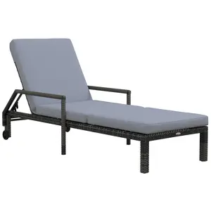 Buy Outdoor PE Rattan Sun Lounger, 5-Level Adjustable Backrest Wicker Outdoor Chaise Recliner, Garden Chair with 2 Wheels, Mixed Grey