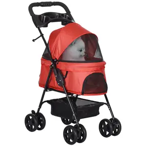 Buy Dog Pram Dog Stroller Foldable Pet Pushchair with 4 Wheels, Safety Leashes, Cup Holder for Small Dogs, Red