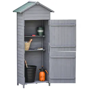 Buy Wooden Garden Storage Shed Utility Gardener Cabinet w/ 3 Shelves, Tilted-felt Roof and Two Lockable Doors, 79cm x 49cm x 191.5cm, Dark Grey