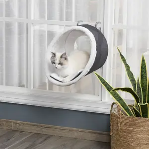Buy Windowsill Mounted Cat Perch Hanging Kitten House with Comfortable Removable Flannel Carpet for Playing Lounging Climbing Jumping Grey & White