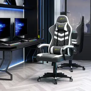 Buy Vinsetto Racing Gaming Chair with Lumbar Support, Headrest, Swivel Wheel, PVC Leather Gamer Desk Chair for Home Office, Grey White