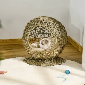 Buy Wicker Cat Bed Elevated Rattan Kitten Basket Pet Den. House Cozy Cave with Soft Cushion О&brvbar;48 x 52cm Brown