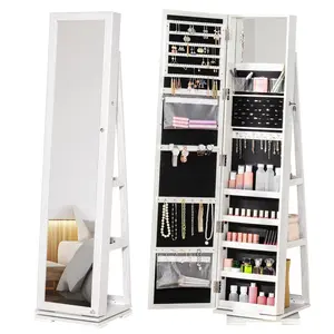 Buy 360&deg; Swivel Jewellery Cabinet with Full Length Mirror, Lockable Jewellery Organiser with Built-in Makeup Mirror and Storage Shelves for Bedroom, White