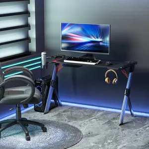 Buy HOMCOM LED Breathing Lights Gaming Desk Computer Desk Carbon Fiber Feel Desktop Steel Frame with Cup Holder, Headphone Hook, Basket, Black