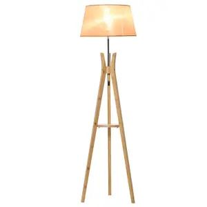 Buy HOMCOM Tripod Floor Lamp Light E27 Base Bedroom Living Room Natural Wood Fabric Shade Storage Shelf Foot Switch, 156cm, Beige