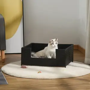 Buy Rattan Dog Cat Bed Four Feet Pet House Hand-knitted Metal Small Animal Sofa Rattan with Soft Machine Washable Cushion Black 61L x 46W x 27H cm