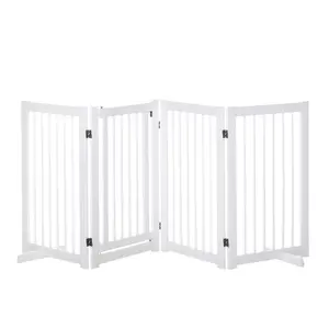 Buy Freestanding Pet Gate 4 Panels Wooden Dog Safety Fence Foldable with Support Feet for Doorway Stairs 91cm Tall White