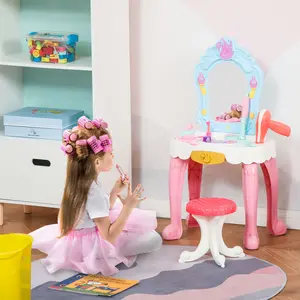 Buy 20 PCS Kids Dressing Table Set, Children Vanity Make Up Desk, Musical Pretend Toy, with Beauty Kit, Mirror, Stool, for 3-6 Years Old, Pink
