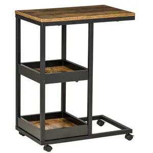 Buy Industrial Mobile Sofa Side Table C-Shaped Rolling Couch Table with 3-Tier Storage Shelving Four Lockable Wheels Steel Frame - Brown