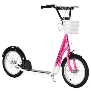 Buy Kids Scooter, Kick Stunt Scooter with Adjustable Handlebar, Dual Brakes, Basket, Cupholder, Mudguard, 16" Inflatable Rubber Wheels, for 5-12 years, Pink