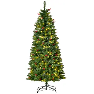 Buy 5FT Prelit Artificial Pencil Christmas Tree with Warm White LED Light, Red Berry, Holiday Home Xmas Decoration, Green