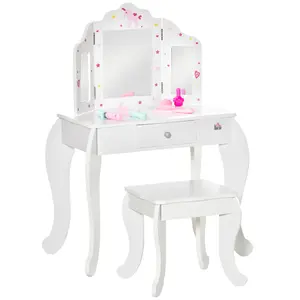 Buy Kids Vanity Table & Stool Girls Dressing Set Make Up Desk Chair Dresser Play Set with Rotatable Mirrors Drawer Star & Heart Pattern White
