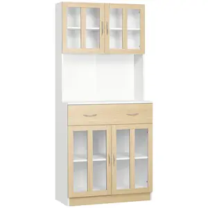 Buy Modern Kitchen Cupboard, Freestanding Storage Cabinet Hutch with Central Drawer, 2 Glass Door Cabinets and Countertop, 180cm