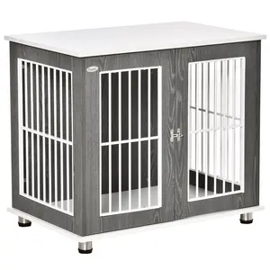 Buy Dog Crate Wooden Pet Kennel Cage End Table w/ Lockable Door for Small Medium Dog Grey & White 85 x 55 x 75 cm