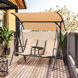 Buy Outsunny 2-Seater Swing Chair Steel Frame Adjustable Canopy Texteline Garden Swing Seat w/ Middle Table Cup Holders Heavy Duty Outdoor Patio - Beige