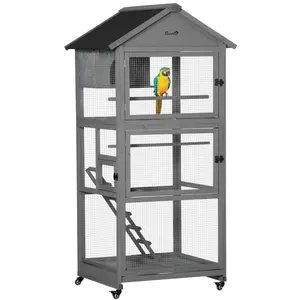 Buy Bird Cage budgie cage Wooden Outdoor Aviary with Wheels  for Canary Finch with Asphalt Roof Perch Nest Ladder Slide-out Tray, Grey