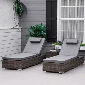 Buy Outsunny 3 Pieces Patio PE Rattan Sun Lounger Set, Adjustable Outdoor Half-Round Wicker Aluminium Recliner Bed w/ Side Table Set, Headrest & Cushions