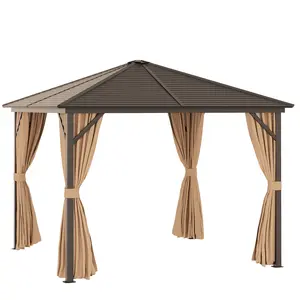 Buy Outsunny 3 x 3 Meters Patio Aluminium Gazebo Hardtop Metal Roof Canopy Party Tent Garden Outdoor Shelter with Mesh Curtains & Side Walls - Brown