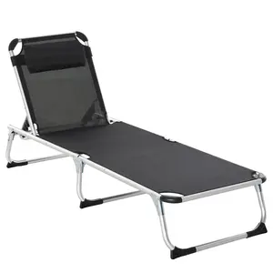 Buy Foldable Outdoor Sun Lounger, Reclining Lounge Chair Camping Bed Cot with Pillow 4-Level Adjustable Back Aluminium Frame, Black