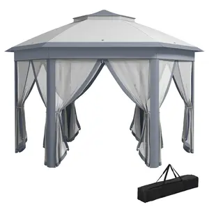 Buy 3 x 4m Metal Frame Hexagon Gazebo, with Curtains - Grey