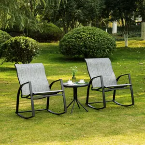 Buy Outsunny 3 Pieces Outdoor Patio Bistro Set w/ 2 Rocking Chairs and Tempered Glass Table for Garden, Porch, Poolside, Grey