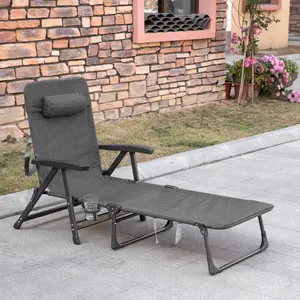 Buy Outsunny Folding Sun Lounger, Mesh Fabric Chaise Lounge Chair, 7-Reclining Position Sleeping Bed w/ Pillow & Cup Holder for Deck, Backyard, Dark Grey