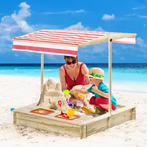 Buy Outsunny Kids Wooden Sandbox, Covered Children Sand Playset Outdoor, w/ Adjustable Canopy Shade, Aged 3-8 Years Old, for Backyard, Beach, Natural