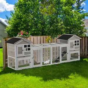 Buy PawHut 2 in 1 Wooden Rabbit Hutch, Double Main House Guinea Pig Cage, Bunny Run, Small Animal House with Run Box, Ramp, 259 x 64 x 92cm, Grey
