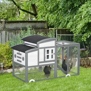 Buy PawHut Deluxe Chicken Coop, Hen House, Wooden Poultry Cage w/ Outdoor Run, Nesting Box, Removable Tray, Openable Roof, 140 x 67 x 88.5cm