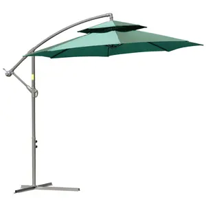 Buy 2.7m Banana Parasol Cantilever Umbrella with Crank Handle, Double Tier Canopy and Cross Base for Outdoor, Hanging Sun Shade, Green