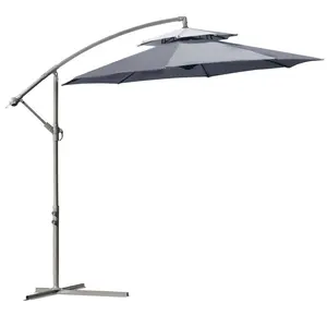Buy 2.7m Garden Banana Parasol Cantilever Umbrella with Crank Handle, Double Tier Canopy and Cross Base for Outdoor, Hanging Sun Shade, Dark Grey