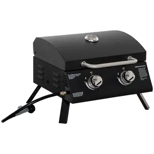 Buy 2 Burner Gas BBQ Grill Outdoor Portable Folding Tabletop Barbecue w/ Lid, Thermometer, Carbon Steel, Black