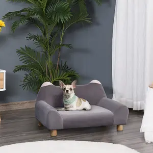 Buy Pet Sofa Couch, Velvet-Touch Dog Bed, Cat Lounger w/ Four Wooden Legs 63x43x36 cm - Grey