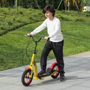 Buy HOMCOM Kids Kick Scooter, w/ Adjustable Height, Front Rear Dual Brakes, 12 Inch Inflatable Rubber Wheels, for Ages 5+ Years - Yellow