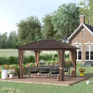 Buy Outsunny 3.6 x 3(m) Outdoor Hardtop Gazebo Metal Roof Patio Gazebo with Aluminum Frame, Mesh Nettings, Curtains, & Roomy Interior Space, Brown