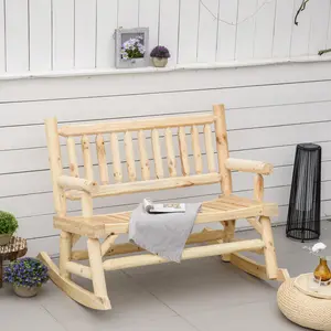 Buy Outsunny Garden 2-Seater Rocking Bench Wood Frame Rough-Cut Log Loveseat Slatted High Back Rustic Style w/ Armrests Garden Outdoor Furniture, Natural