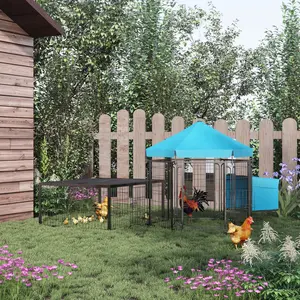 Buy PawHut Steel Chicken Coop, Outdoor Hexagonal Hen House, Heavy-Duty Detachable Poultry Cage w/ Water-Resistant Canopy, Run, Nesting Box - Blue