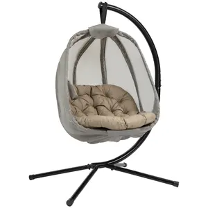 Buy Hanging Egg Chair, Folding Texteline Swing Hammock with Side Pocket, Cushion and Stand for Indoor Outdoor, Patio Garden Furniture, Khaki