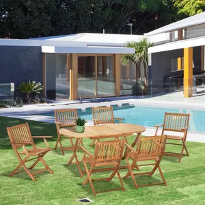 Buy Outsunny 7 Piece Wooden Garden Dining Set with Umbrella Hole, Folding Dining Table and Armchairs with Parasol Hole, Teak